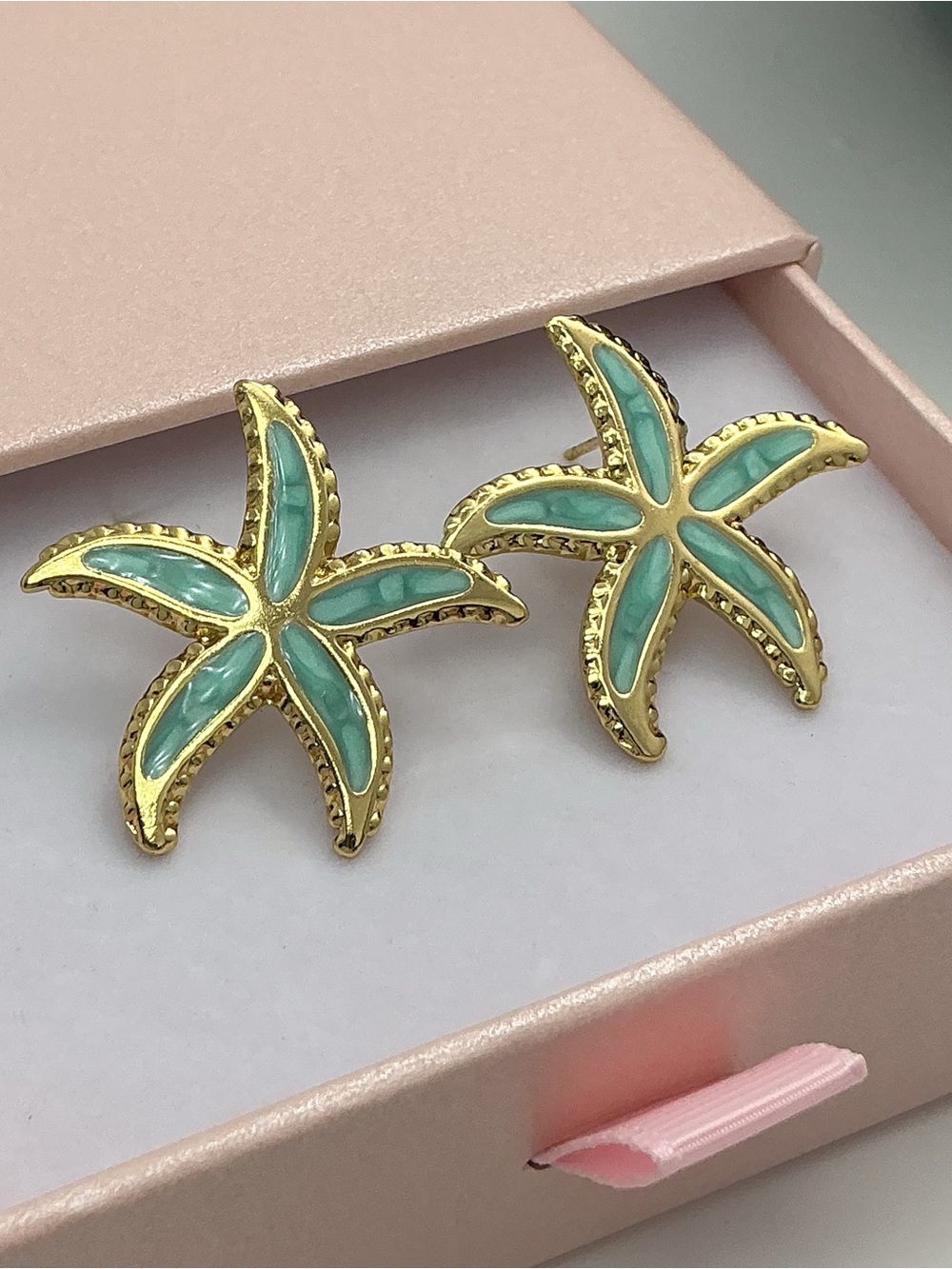 Aqua Starfish Earrings Hypoallergenic Gold Stainless Steel/Waterproof